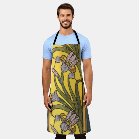 アイリスフラワーアールヌーボーステンドグラスブルー金ゴールド エプロン (着用した状態)