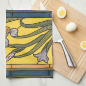 アイリスフラワーアールヌーボーステンドグラスブルー金ゴールド キッチンタオル (四つ折り)