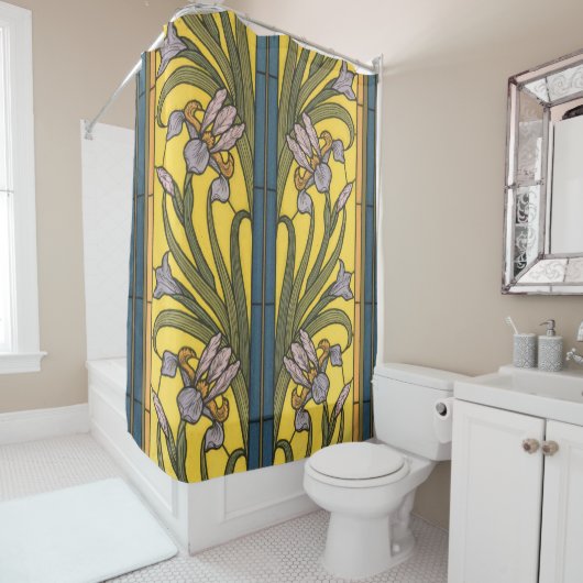アイリスフラワーアールヌーボーステンドグラスブルー金ゴールド シャワーカーテン (インサイチュ)