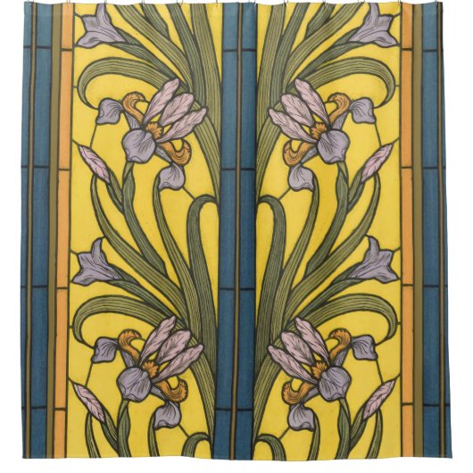 アイリスフラワーアールヌーボーステンドグラスブルー金ゴールド シャワーカーテン (正面)