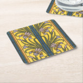 アイリスフラワーアールヌーボーステンドグラスブルー金ゴールド スクエアペーパーコースター (アングル)