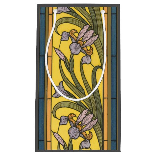 アイリスフラワーアールヌーボーステンドグラスブルー金ゴールド スモールペーパーバッグ (正面)