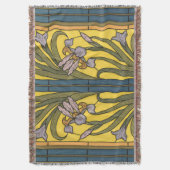アイリスフラワーアールヌーボーステンドグラスブルー金ゴールド スローブランケット (正面縦)