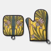 アイリスフラワーアールヌーボーステンドグラスブルー金ゴールド 鍋つかみ&鍋敷きセット (正面)