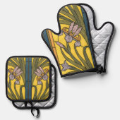 アイリスフラワーアールヌーボーステンドグラスブルー金ゴールド 鍋つかみ&鍋敷きセット (正面/裏面)
