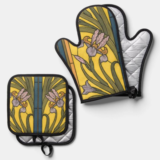 アイリスフラワーアールヌーボーステンドグラスブルー金ゴールド 鍋つかみ&鍋敷きセット (正面/裏面)