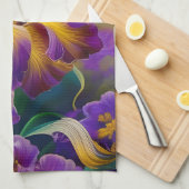 アイリスフローラ紫と金ゴールド青の葉緑 キッチンタオル (四つ折り)