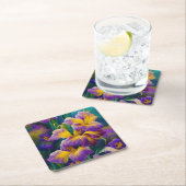 アイリスフローラ紫と金ゴールド青の葉緑 スクエアペーパーコースター (インサイチュ)