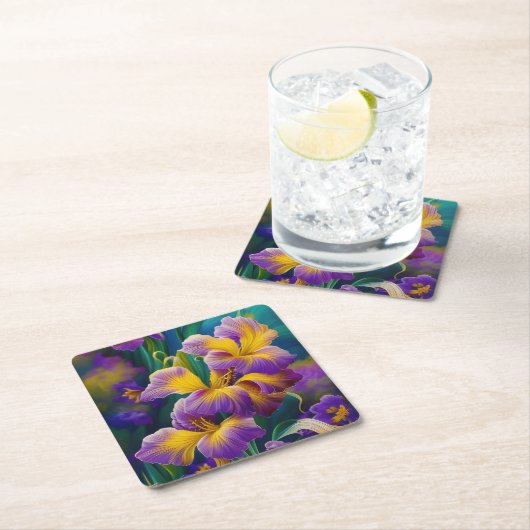 アイリスフローラ紫と金ゴールド青の葉緑 スクエアペーパーコースター (インサイチュ)