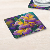 アイリスフローラ紫と金ゴールド青の葉緑 スクエアペーパーコースター (アングル)