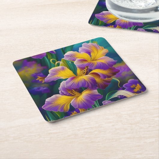 アイリスフローラ紫と金ゴールド青の葉緑 スクエアペーパーコースター (アングル)