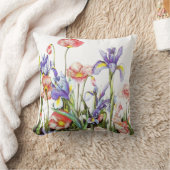 アイリス及びケシの花の水彩画の花柄 クッション (ブランケット)