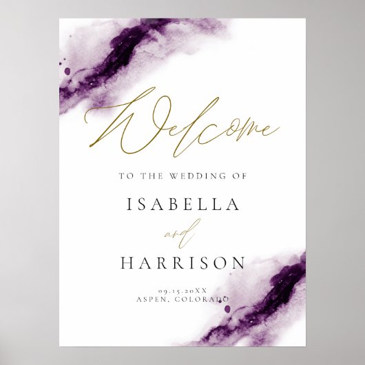 アイリス |プラムパープル水彩スプラッシュ金ゴールドへようこそ ポスター (正面)