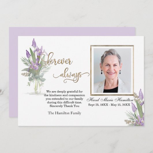 アイリス-金ゴールド悔やみや弔慰ありがとうパーソナライズされた写真 サンキューカード (正面/裏面)