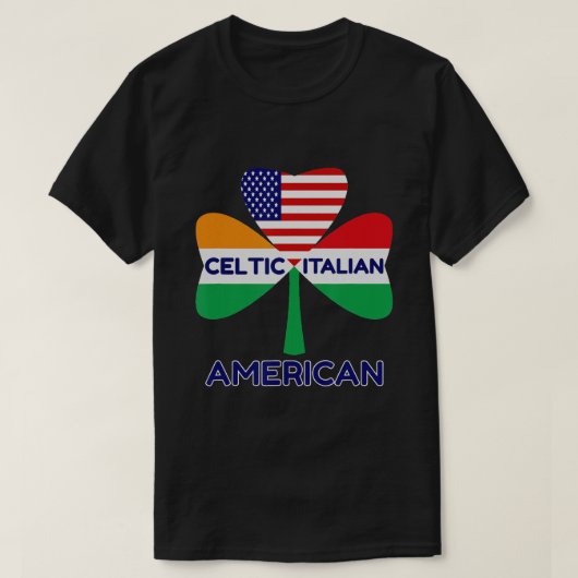 アイリッシュイタリアンアメリカ国旗とケルト風シャムロック Tシャツ (デザイン正面)