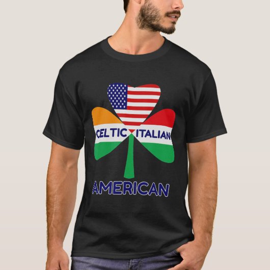 アイリッシュイタリアンアメリカ国旗とケルト風シャムロック Tシャツ (正面)