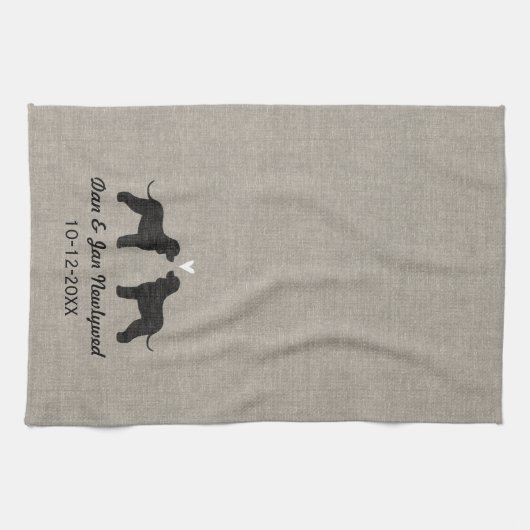 アイリッシュウォータースパニエル犬シルエットとハート キッチンタオル (横)