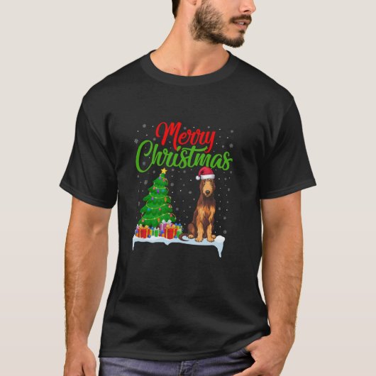アイリッシュウルフハウンドクリスマスツリーライトクリスマスドッグ Tシャツ (正面)