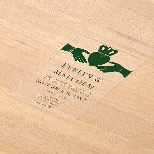 アイリッシュクラダグリングや輪シンプルグラフィックグリーン結婚ズ アクリル招待状 (レイダウン)