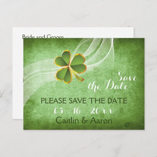 アイリッシュクローバーとヴェール緑の結婚式の日付を保存 案内ポストカード (正面/裏面)