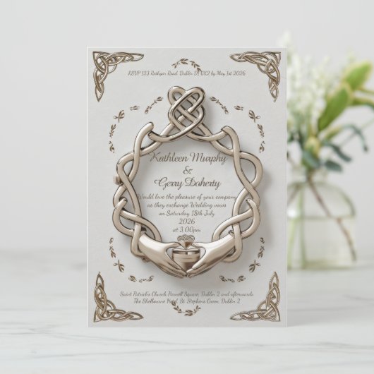 アイリッシュク伝統的ラダグリングや輪モチーフ&パターン 招待状 (スタンド正面)