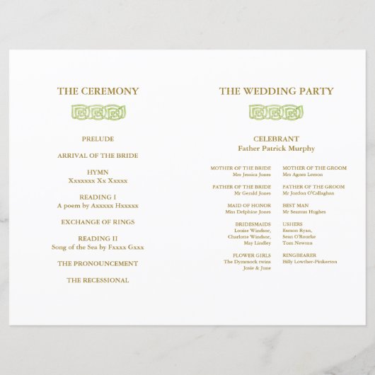 アイリッシュグリーンケルト結び目模様&金ゴールドウェディングプログラム (裏面)