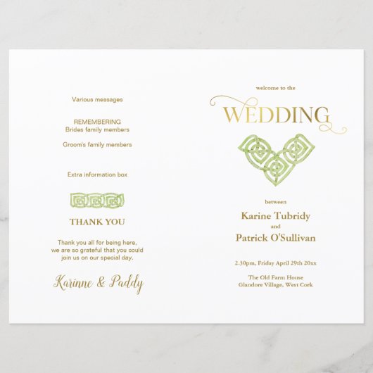 アイリッシュグリーンケルト結び目模様&金ゴールドウェディングプログラム (正面)