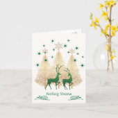 アイリッシュゲーリックのクリスマスグリーン&金ゴールドツリー、トナカイ カード (黄色い花)