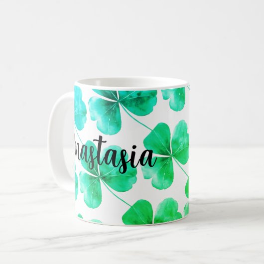アイリッシュシャムロックグリーンブルーウォーター名前をカスタムする コーヒーマグカップ (正面左)