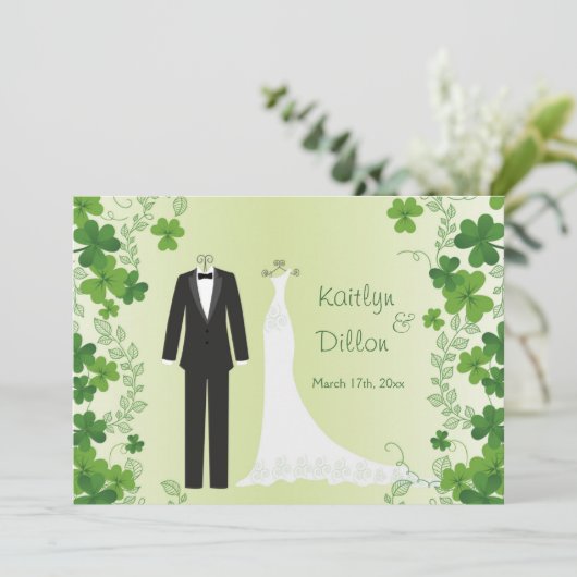 アイリッシュシャムロック、タキシード&ガウンウェディングシャワー 招待状 (スタンド正面)