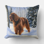 アイリッシュセッターが雪のクリスマスを過ごす クッション (正面)