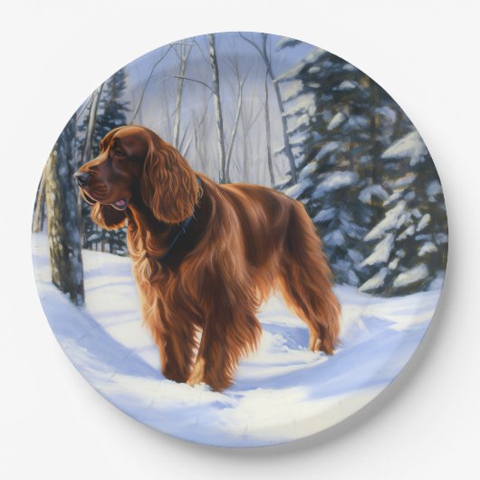 アイリッシュセッターが雪のクリスマスを過ごす ペーパープレート (正面)