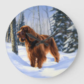 アイリッシュセッターが雪のクリスマスを過ごす ラージ壁時計 (正面)