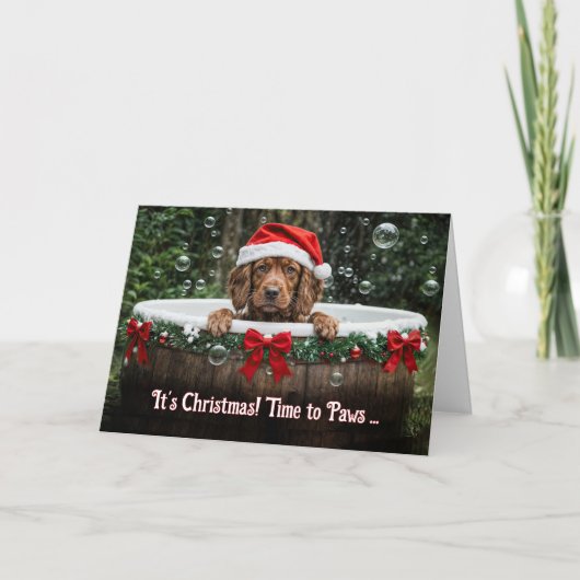アイリッシュセッターの仔犬とクリスマス カード (正面)