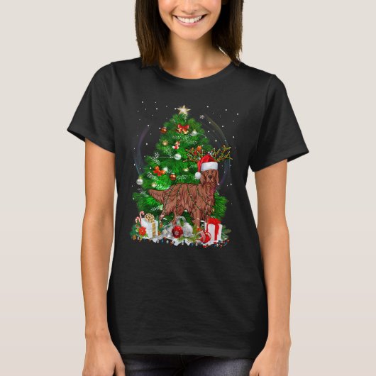 アイリッシュセッタークリスマスツリーライトパジャマドッグクリスマス Tシャツ (正面)