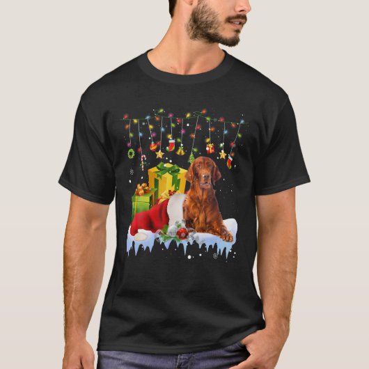 アイリッシュセッターサンタハットクリスマスライトクリスマス Tシャツ (正面)