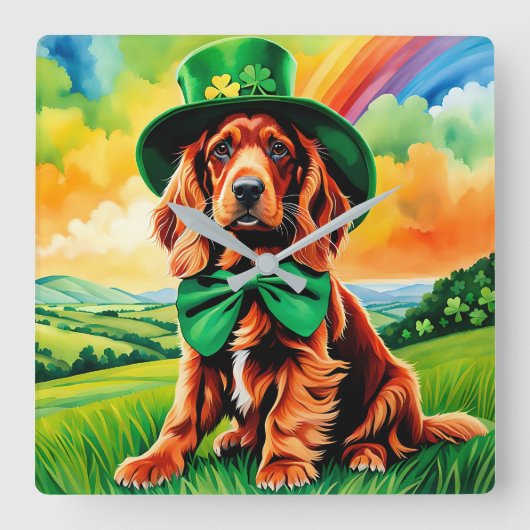 アイリッシュセッターパピー – St patricks day スクエア壁時計 (正面)