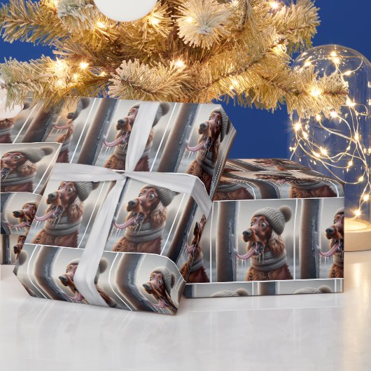 アイリッシュセッター犬が凍ったポールをなめる ラッピングペーパー (クリスマス)