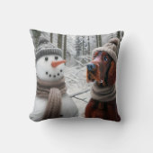 アイリッシュセッター犬と雪だるま クッション (正面)