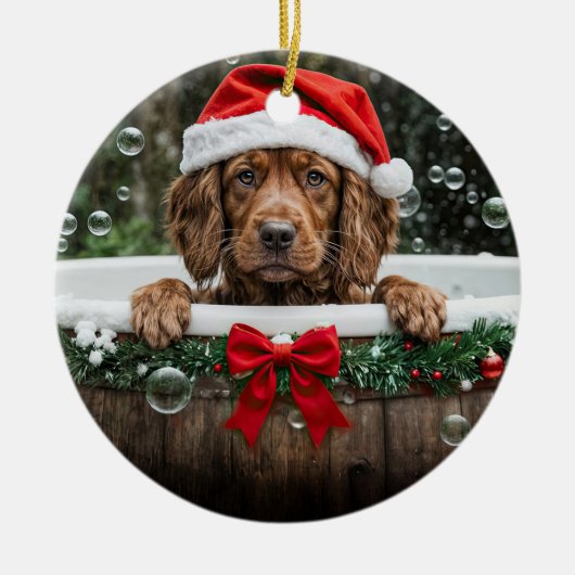アイリッシュセッター かわいい クリスマス ホリデー バブルバス セラミックオーナメント (正面)