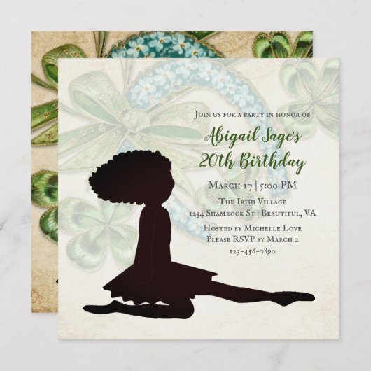 アイリッシュダンサーシャムロック&ホースシュー誕生日インヴィ 招待状 (正面/裏面)