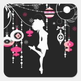 アイリッシュダンスクリスマスオーナメントピンクとブラック スクエアシール