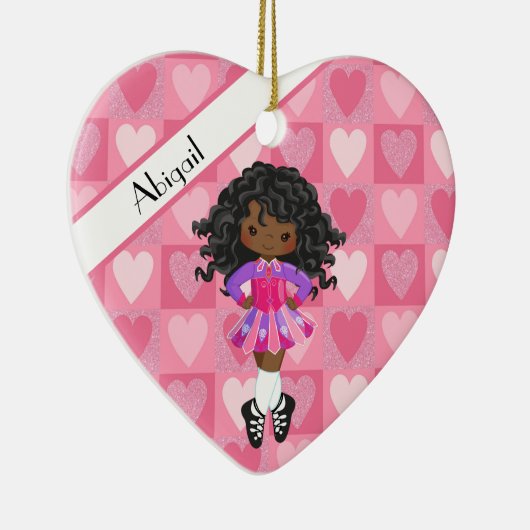 アイリッシュダンスピンクモノクロハートクリスマス セラミックオーナメント (右)