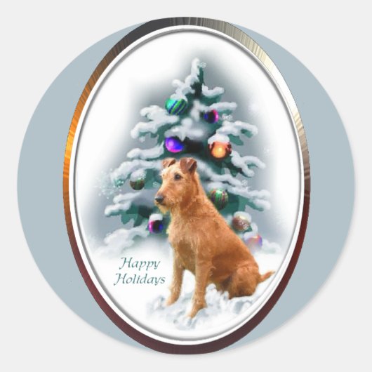 アイリッシュテリアのクリスマスプレゼント ラウンドシール (正面)