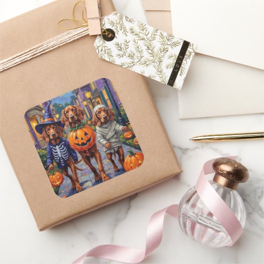 アイリッシュレッドセッターのトリックまたはトリートハロウィーン スクエアシール (ギフト)