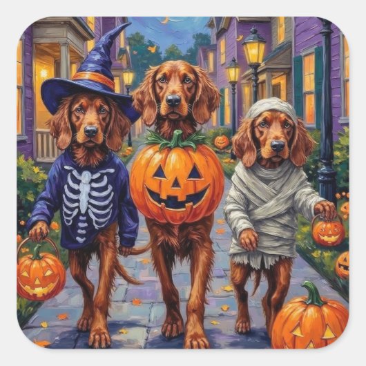 アイリッシュレッドセッターのトリックまたはトリートハロウィーン スクエアシール (正面)