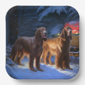 アイリッシュレッドセッター雪そりクリスマスデコール ペーパープレート (正面)