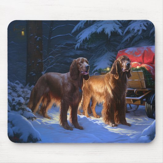 アイリッシュレッドセッター雪そりクリスマスデコール マウスパッド (正面)