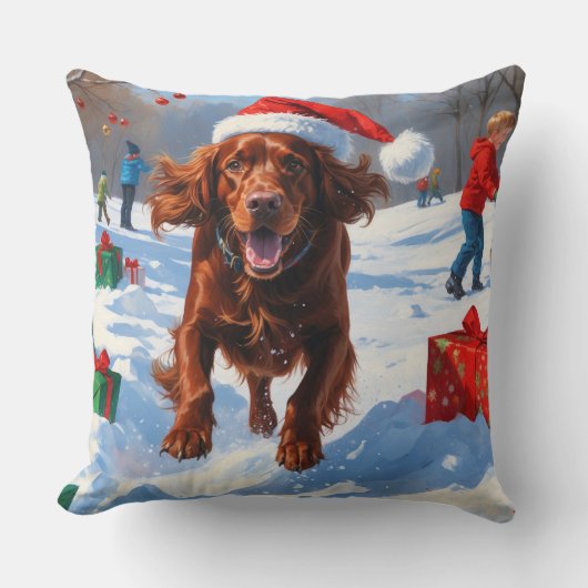 アイリッシュレッド走セッターのクリスマス帽子の雪 クッション (正面)