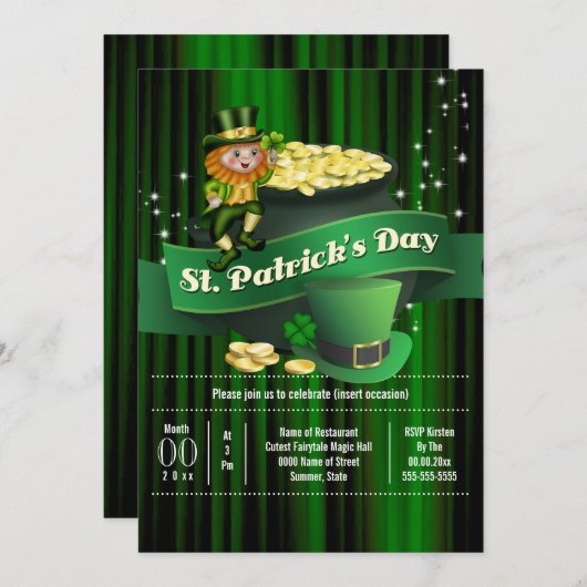 アイリッシュレプレシャンポット金ゴールドSt patricks休日 招待状 (正面/裏面)